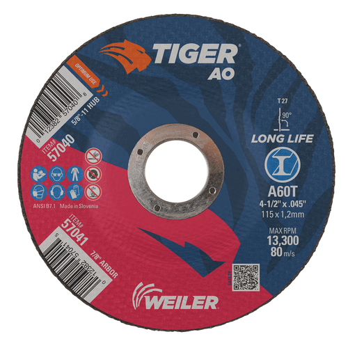 Weiler 4-1/2" x .045" TIGER AO Type 27 Cutting Wheel, A60T, 7/8" A.H.