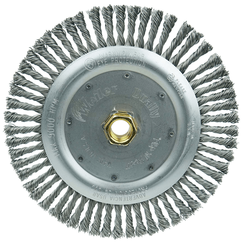 Weiler Dually 7" Root Pass Weld Cleaning Brush, .020" Steel Wire Fill, 5/8"-11 UNC Double-Hex Nut